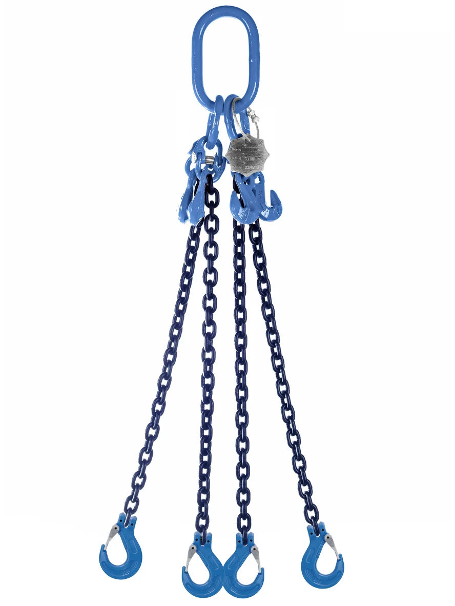 4 leg chain sling, 10mm, WLL 8.4t G100 c/w Clevis and shorten hooks